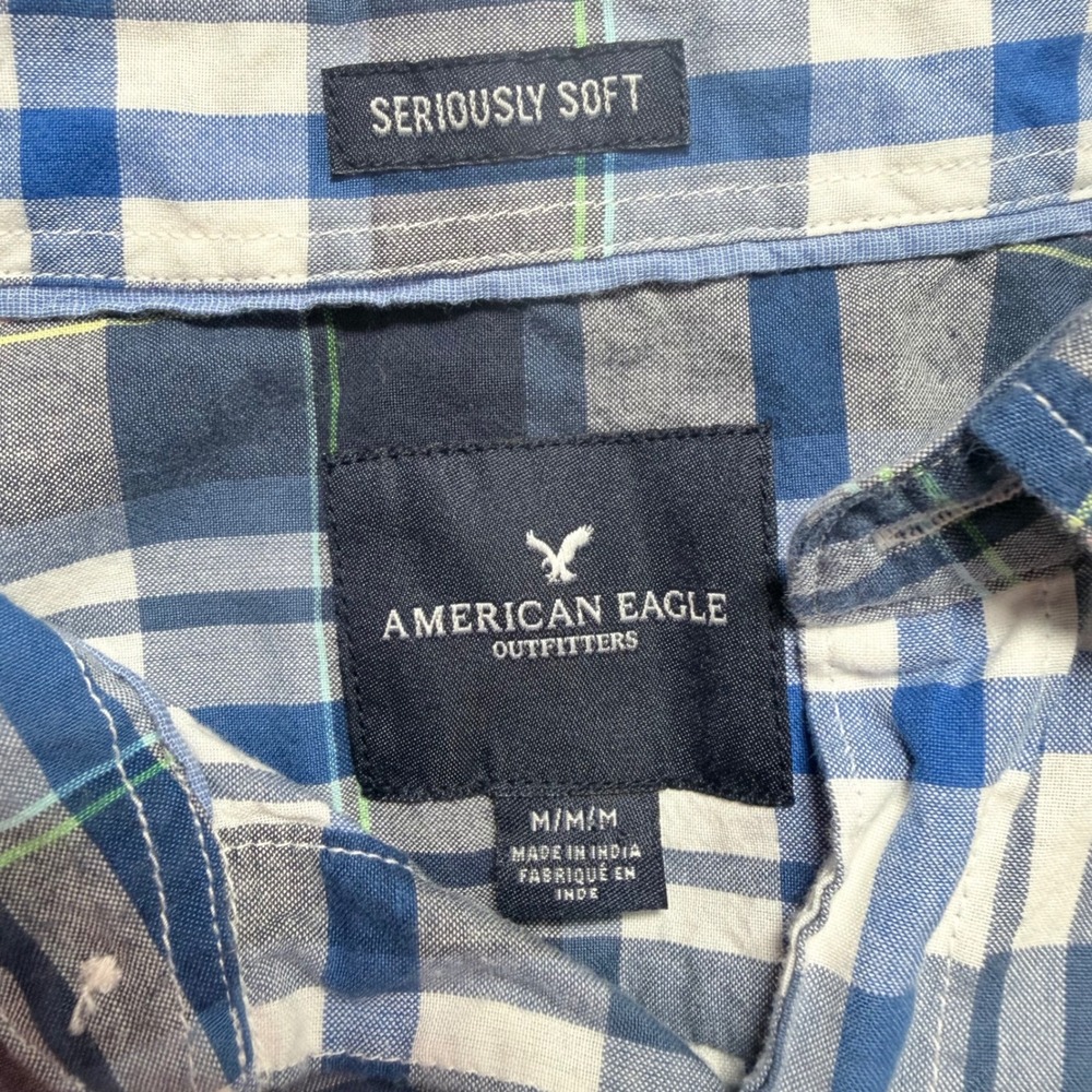 American Eagle Button Down Shirt Mens Medium Blue Plaid Excellent Short Sleeve - Picture 4 of 10